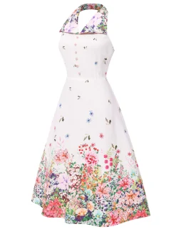 Best Retro Stage 1940s Floral Lapel Patchwork Dress White