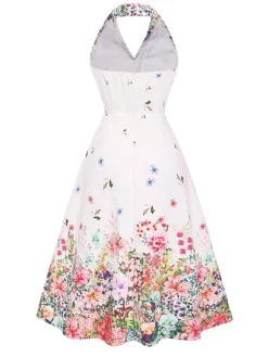 Best Retro Stage 1940s Floral Lapel Patchwork Dress White