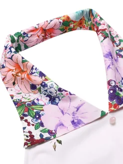 Best Retro Stage 1940s Floral Lapel Patchwork Dress White