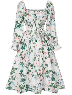Hot Retro Stage 1940s Floral Pleated Belt Dress White