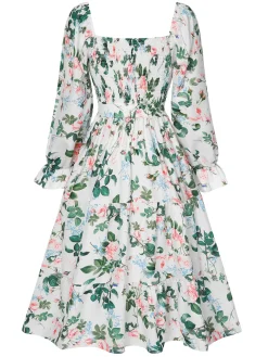 Hot Retro Stage 1940s Floral Pleated Belt Dress White