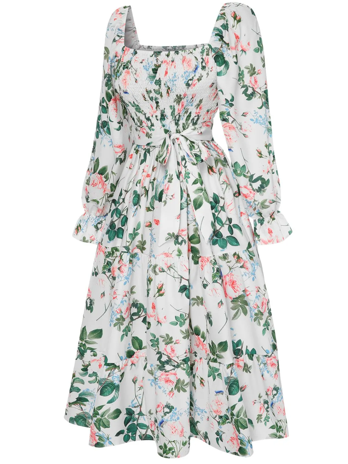 Hot Retro Stage 1940s Floral Pleated Belt Dress White