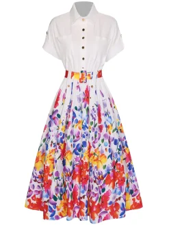 Online Retro Stage 1940s Floral Shirt Collar Belt Dress White