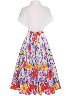 Online Retro Stage 1940s Floral Shirt Collar Belt Dress White