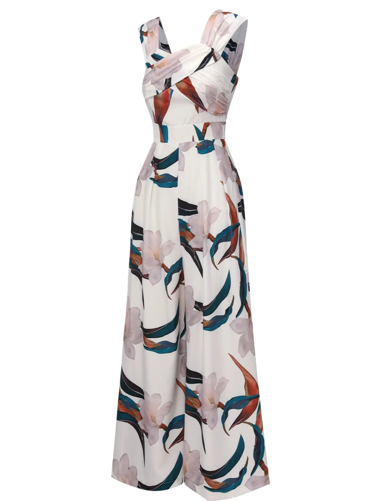 Online Retro Stage 1960s Floral Square Neck Jumpsuit White