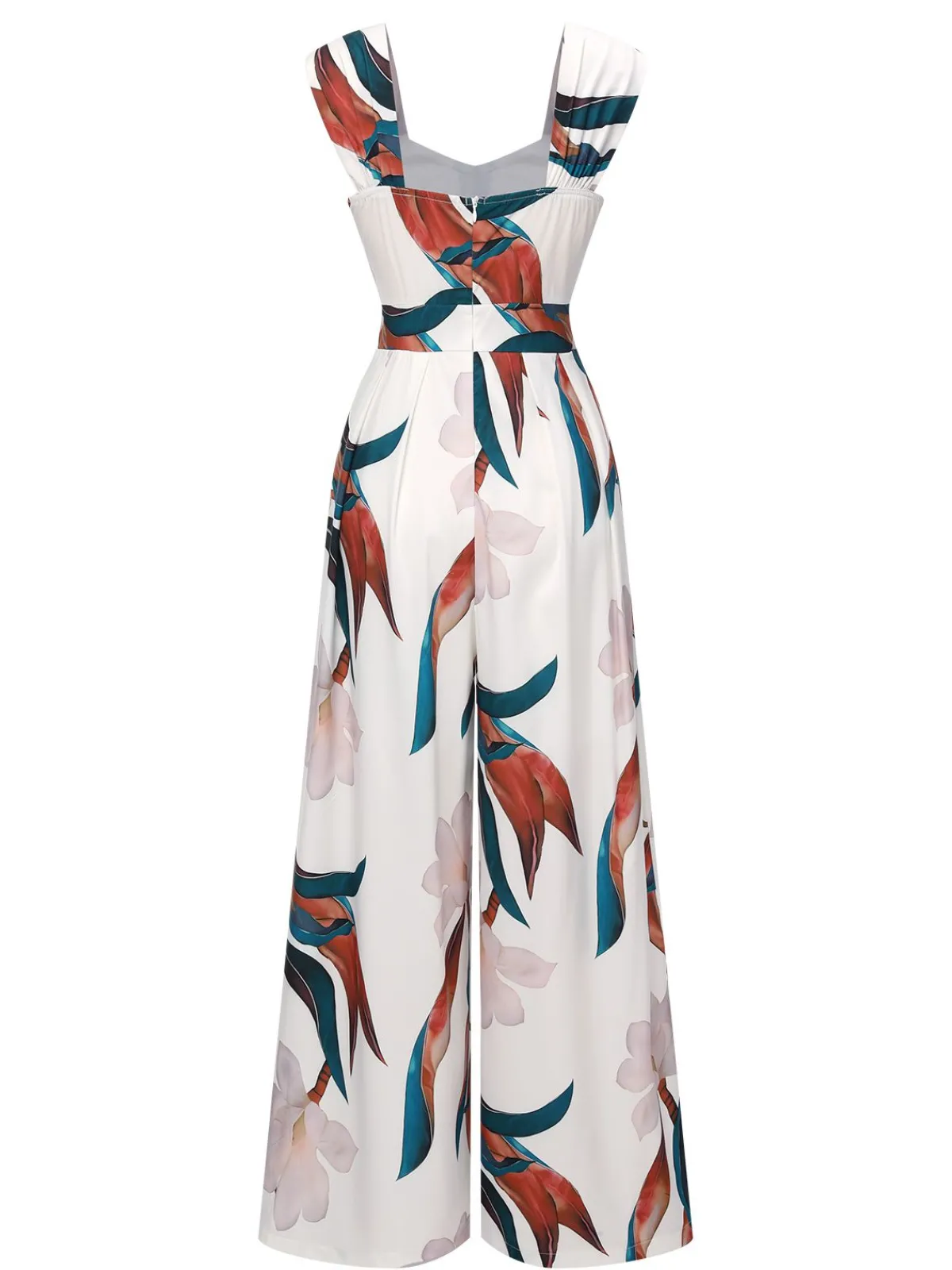 Online Retro Stage 1960s Floral Square Neck Jumpsuit White