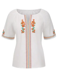 New Retro Stage 1970s Flower Embroidered Bohemian Top White