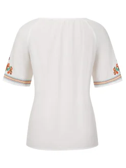 New Retro Stage 1970s Flower Embroidered Bohemian Top White