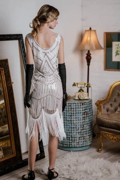 Clearance Retro Stage White 1920s Fringed Flapper Dress