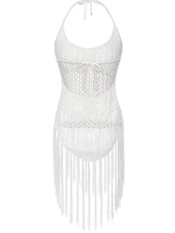 Sale Retro Stage 1960s Grid Halter Cover Up White