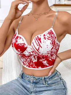 New Retro Stage 1970s Halloween Metal Chain Blood Spatter Crop Top White