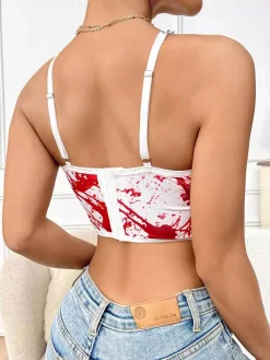 New Retro Stage 1970s Halloween Metal Chain Blood Spatter Crop Top White
