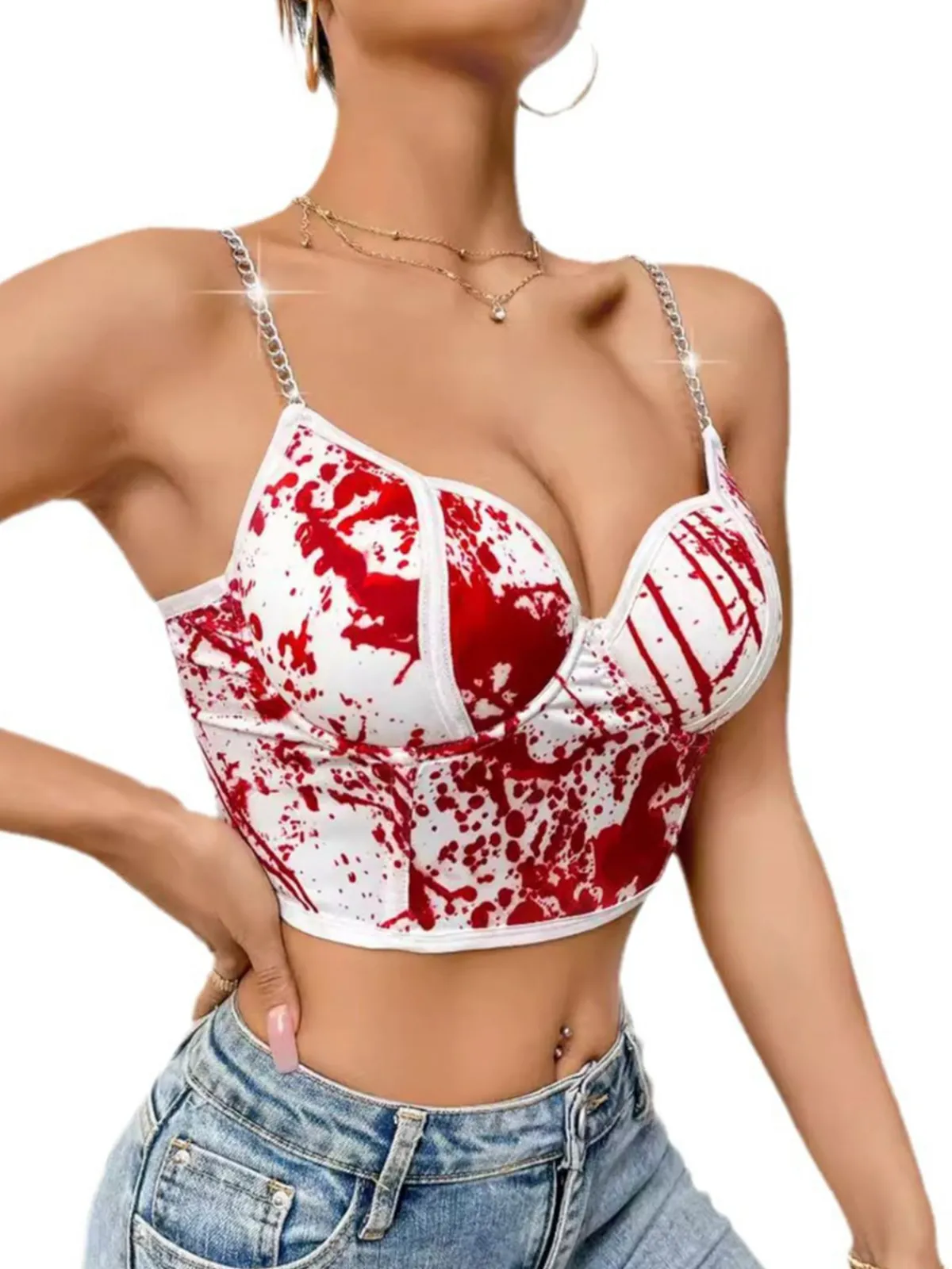 New Retro Stage 1970s Halloween Metal Chain Blood Spatter Crop Top White