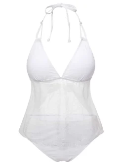 Fashion Retro Stage 1930s Halter Backless Solid Swimsuit White