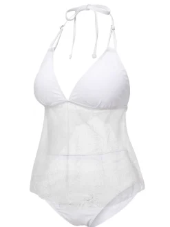 Fashion Retro Stage 1930s Halter Backless Solid Swimsuit White