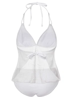 Fashion Retro Stage 1930s Halter Backless Solid Swimsuit White