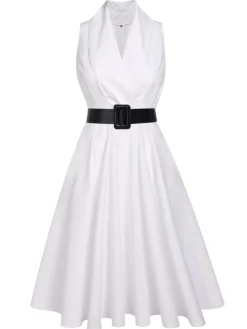 Clearance Retro Stage 1950s Halter Belted Swing Dress White
