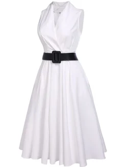 Clearance Retro Stage 1950s Halter Belted Swing Dress White