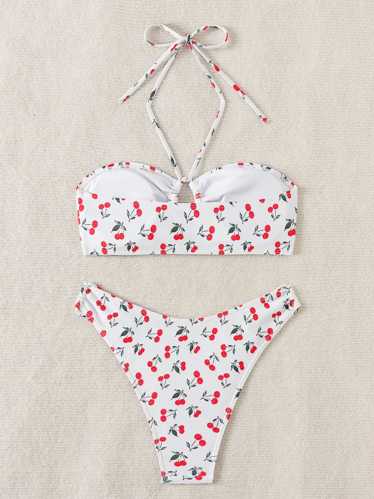 New Retro Stage 1950s Halter Cherry Bikini Set White