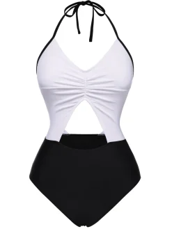 Clearance Retro Stage 1960s Halter Front Cutout One-Piece Swimsuit White