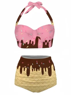 Online Retro Stage White 1970s Halter Ice-Cream Cone High-Waist Bikini