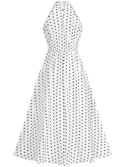 Hot Retro Stage 1950s Halter Polka Dots Bow Dress White