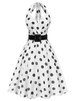 Outlet Retro Stage 1950s Halter Polka Dots Belted Mesh Dress White