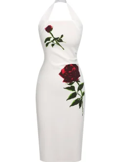 Outlet Retro Stage 1960s Halter Rose Wrap Dress White