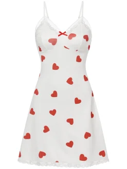 New Retro Stage 1950s Heart Lace Spaghetti Straps Sleepwear White