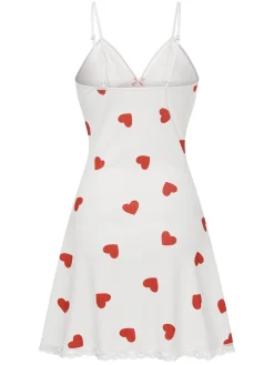 New Retro Stage 1950s Heart Lace Spaghetti Straps Sleepwear White