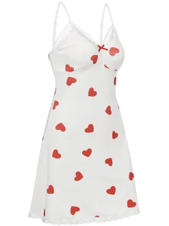 New Retro Stage 1950s Heart Lace Spaghetti Straps Sleepwear White