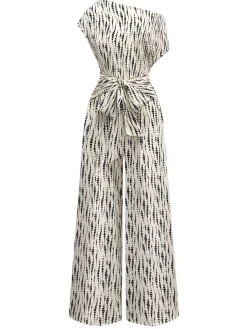 Hot Retro Stage 1940s Ink Stains Oblique Neck Jumpsuit White
