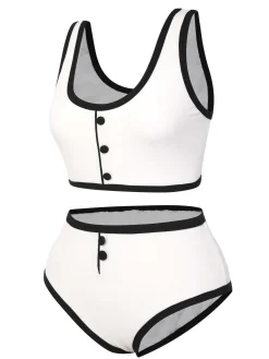 New Retro Stage 1930s Knit Contrast Swimsuit White
