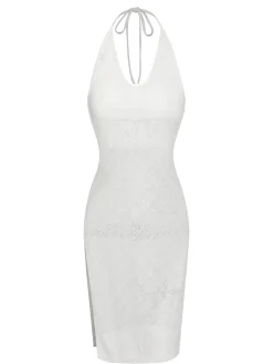 Hot Retro Stage 1960s Knitted Halter Dress Cover-Up White