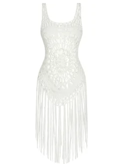 Outlet Retro Stage 1950s Knitted Tassel Hollow Cover-Up White