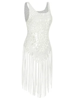 Outlet Retro Stage 1950s Knitted Tassel Hollow Cover-Up White