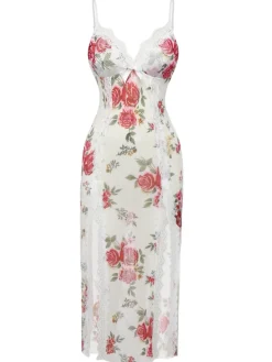 Best Retro Stage 1930s Lace Floral Mesh Spaghetti Straps Nightgown White