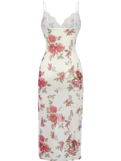 Best Retro Stage 1930s Lace Floral Mesh Spaghetti Straps Nightgown White