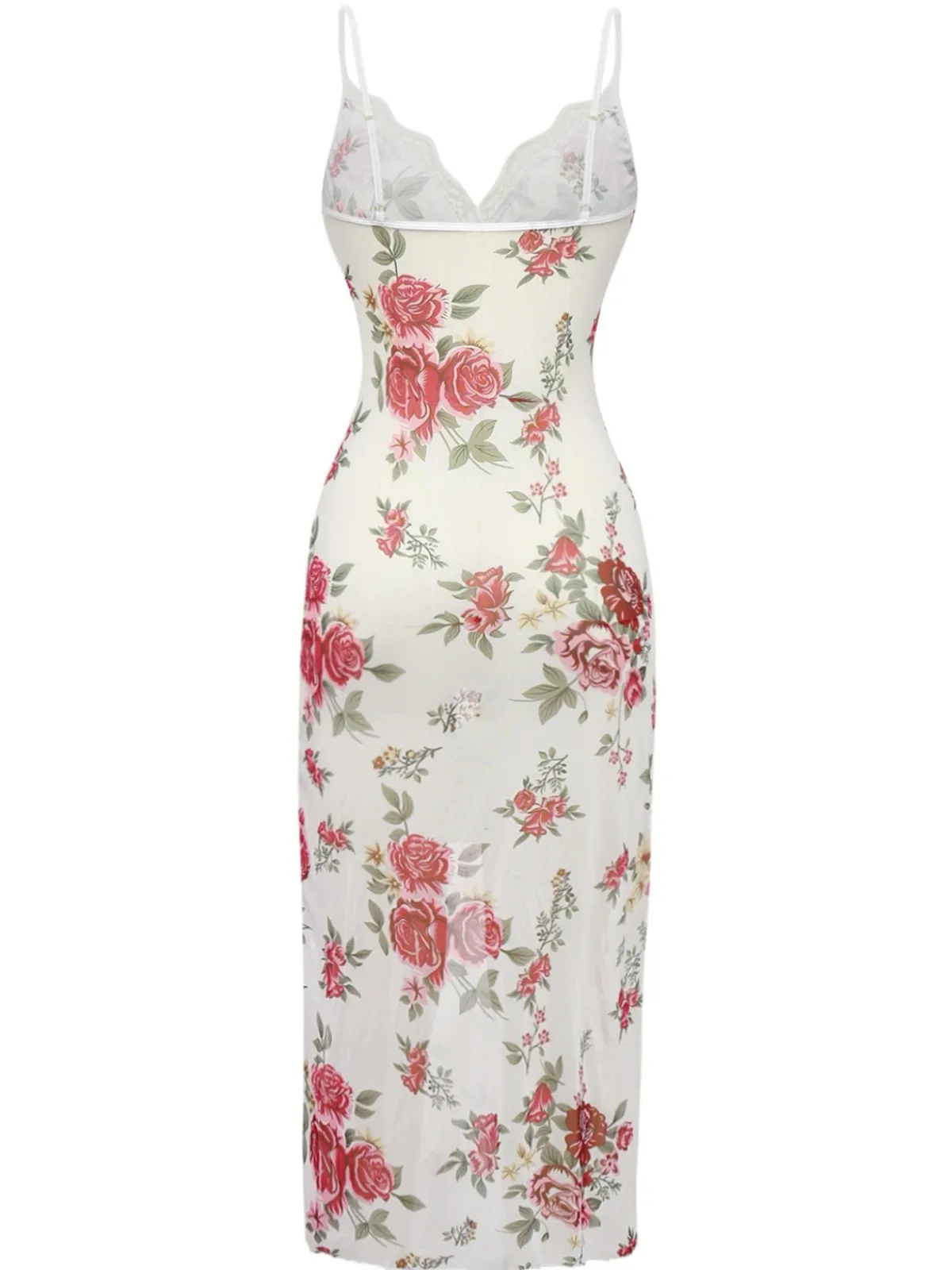Best Retro Stage 1930s Lace Floral Mesh Spaghetti Straps Nightgown White