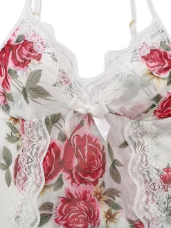 Best Retro Stage 1930s Lace Floral Mesh Spaghetti Straps Nightgown White