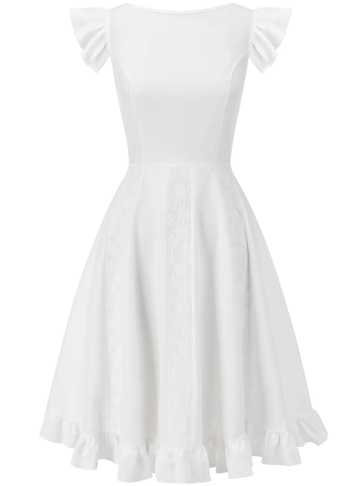 Fashion Retro Stage 1950s Lace Patchwork Solid Dress White