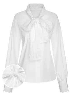 Discount Retro Stage 1950s Lace Tie Neck Solid Blouse White
