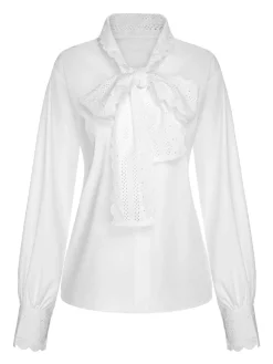 Discount Retro Stage 1950s Lace Tie Neck Solid Blouse White