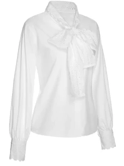 Discount Retro Stage 1950s Lace Tie Neck Solid Blouse White