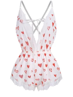 Best Retro Stage 1970s Lace Trim Heart Print One-Piece Sleepwear White