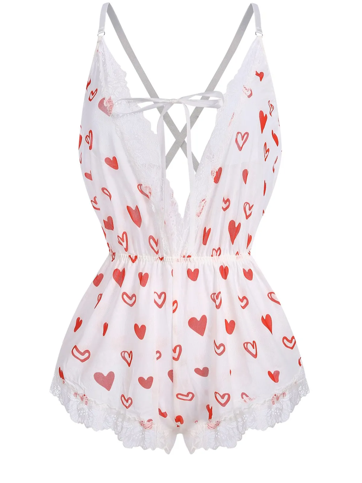 Best Retro Stage 1970s Lace Trim Heart Print One-Piece Sleepwear White