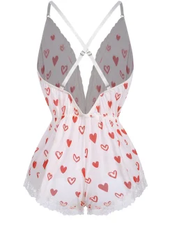 Best Retro Stage 1970s Lace Trim Heart Print One-Piece Sleepwear White