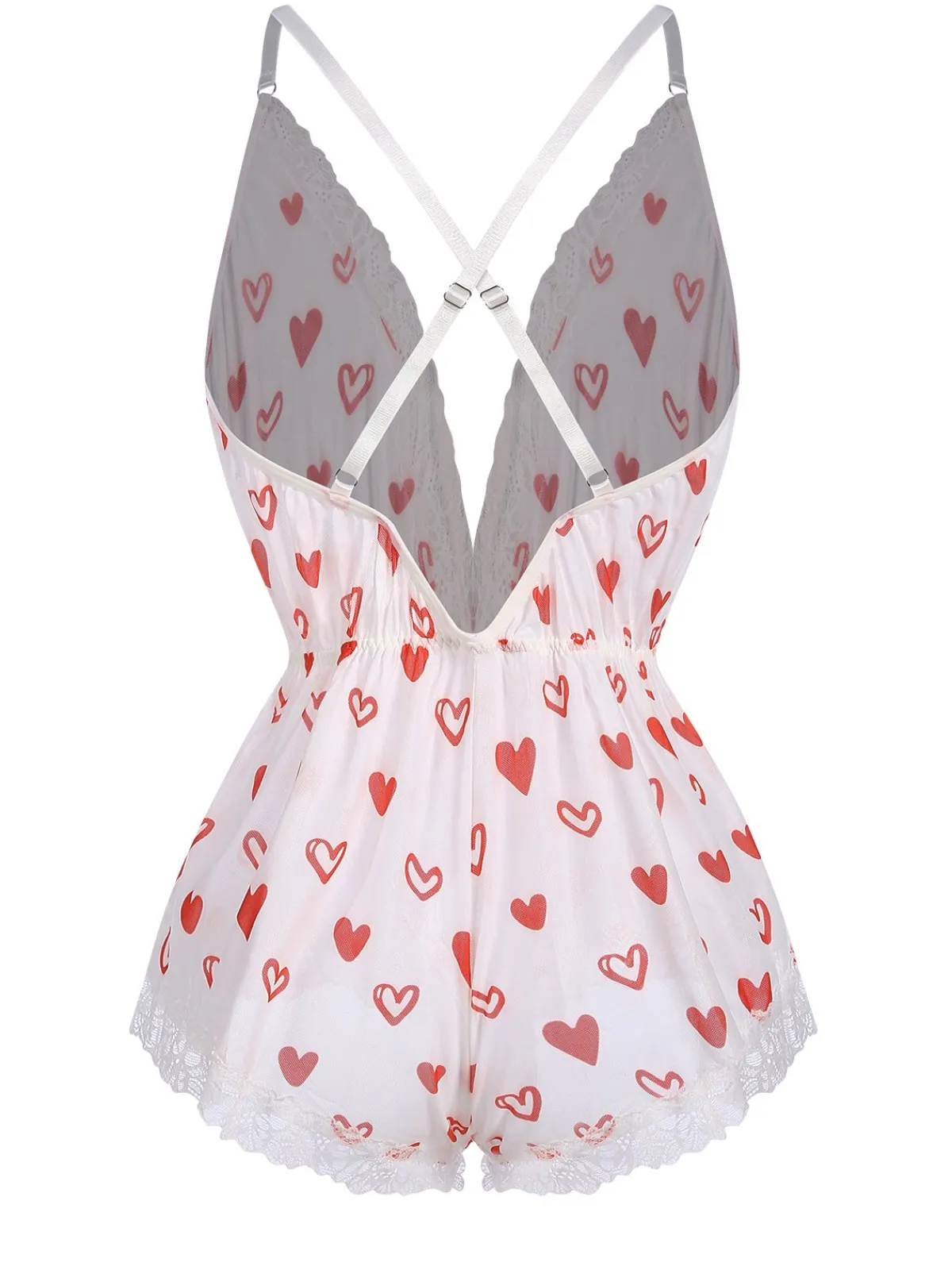 Best Retro Stage 1970s Lace Trim Heart Print One-Piece Sleepwear White