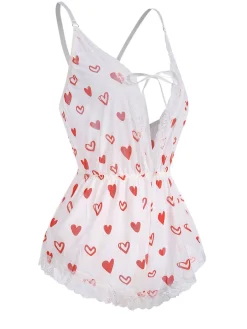 Best Retro Stage 1970s Lace Trim Heart Print One-Piece Sleepwear White