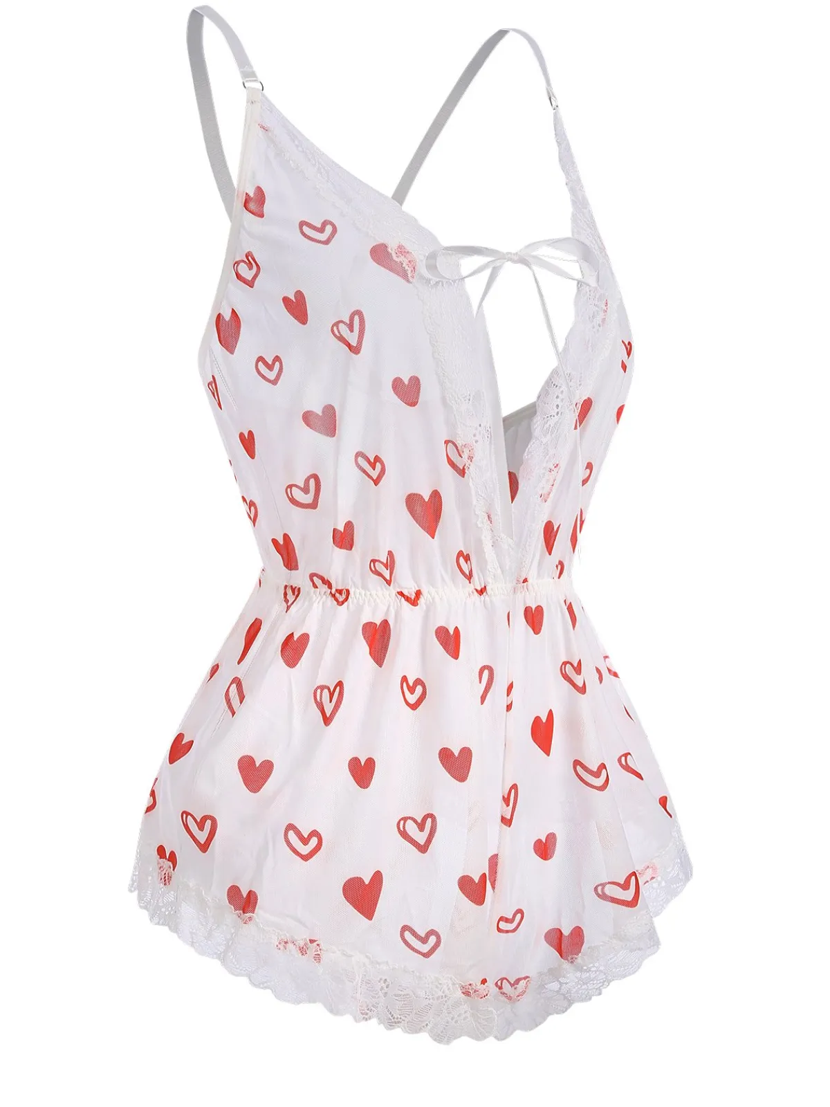 Best Retro Stage 1970s Lace Trim Heart Print One-Piece Sleepwear White